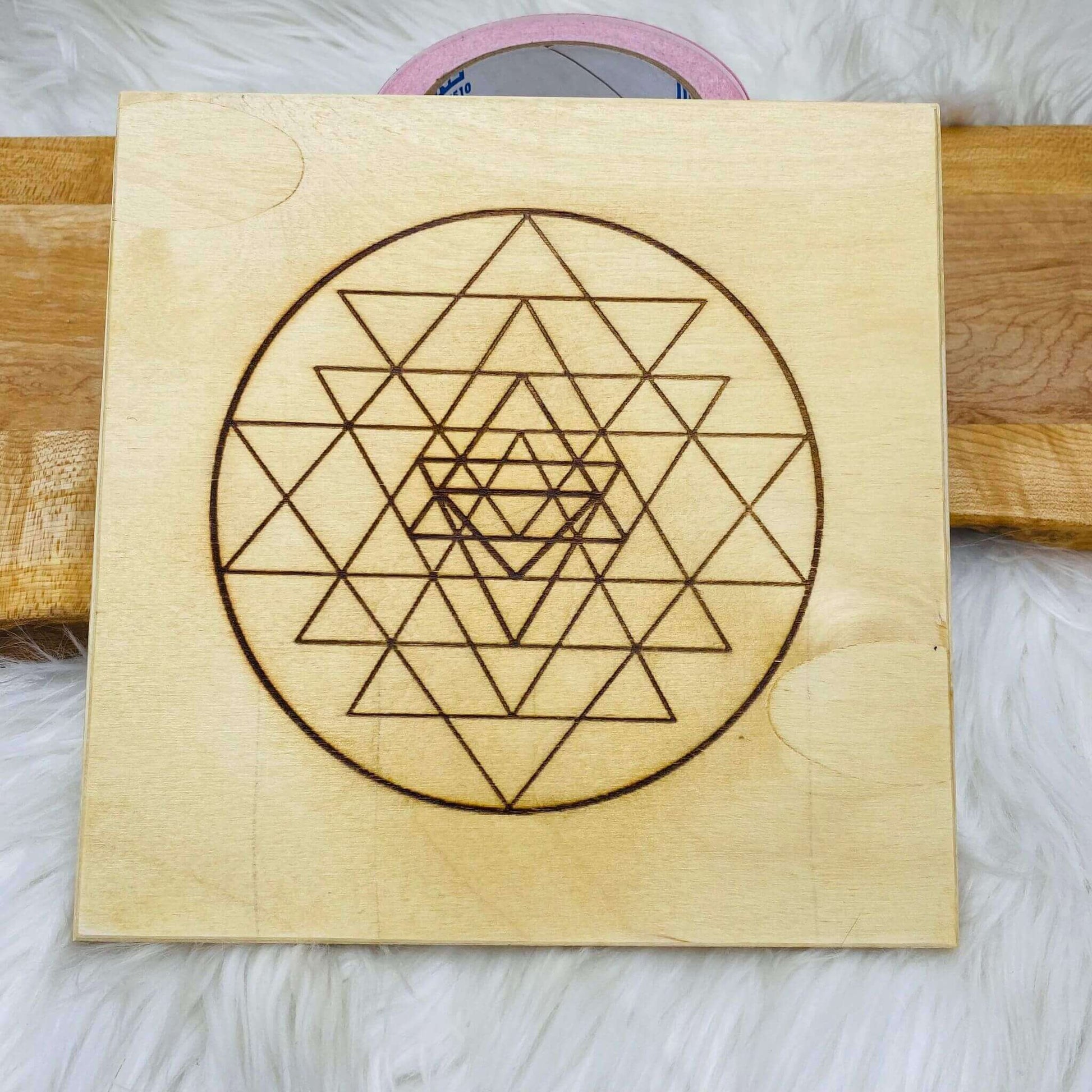 Two-sided wood grid (flower of life/ Sri Yantra) at $35 only from Spiral Rain